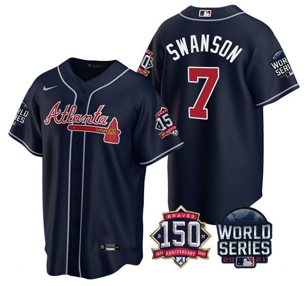 Men's Atlanta Braves #7 Dansby Swanson 2021 Gray World Series With 150th Anniversary Patch Cool Base Stitched Jersey